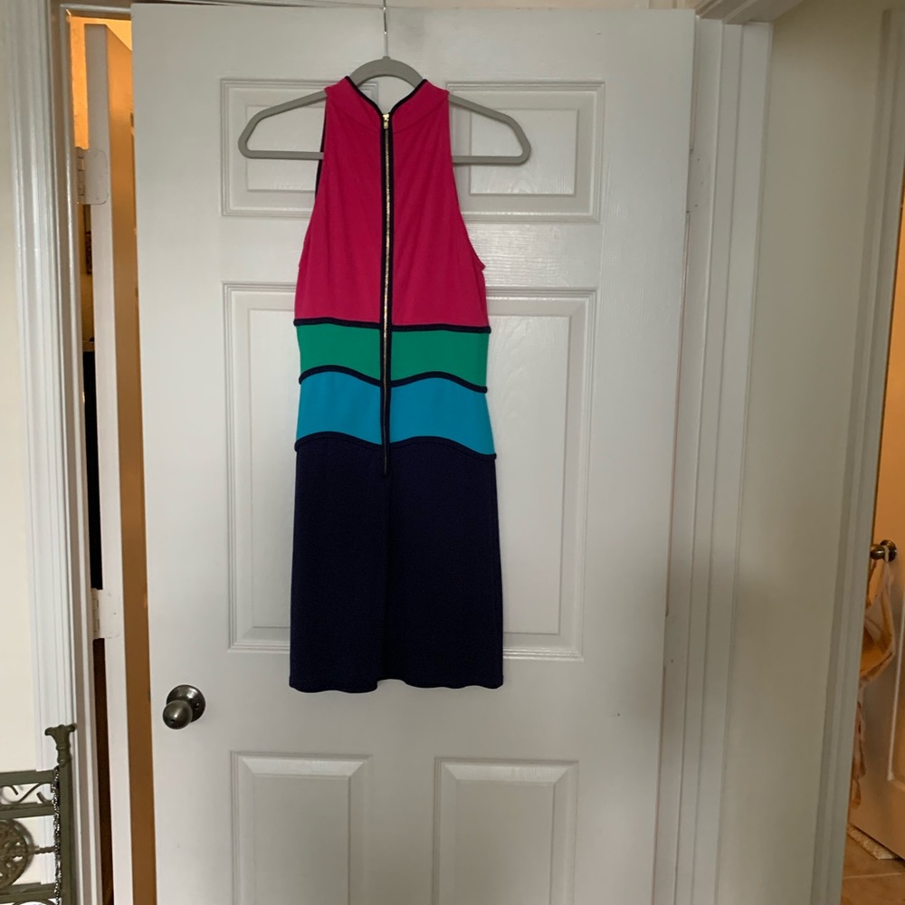 Lilly Pulitzer color block halter dress. Magenta, green, turquoise, navy.